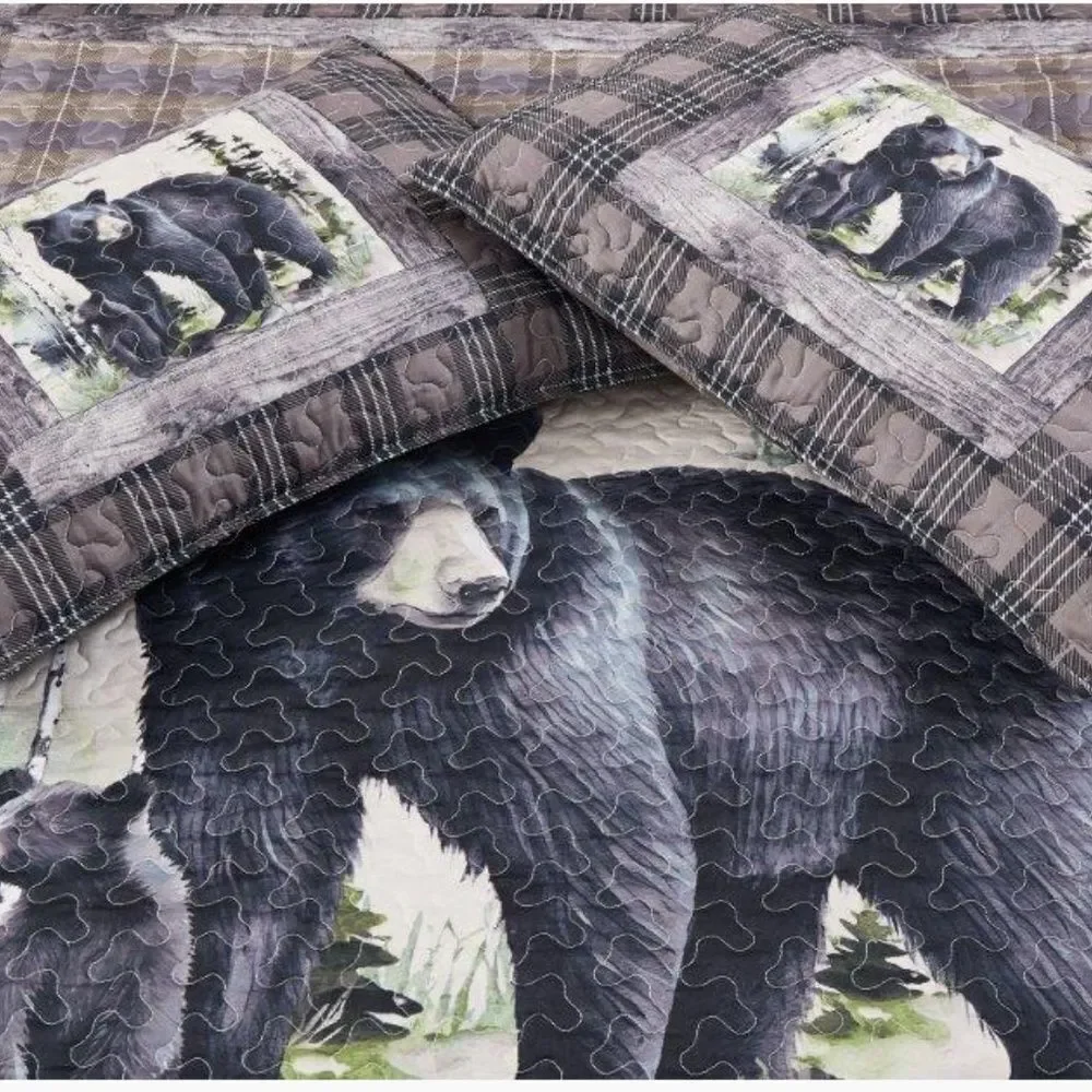 Black Bear Printed King Quilt Set Country Lodge Cabin Rustic Lightweight
